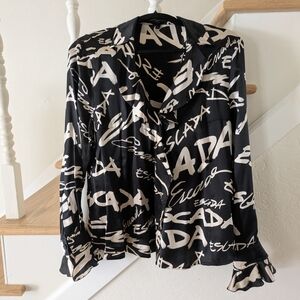 Escada - Black And Cream Graffiti Blouse - 100% Silk - Size 38 (Size 6-8 US)